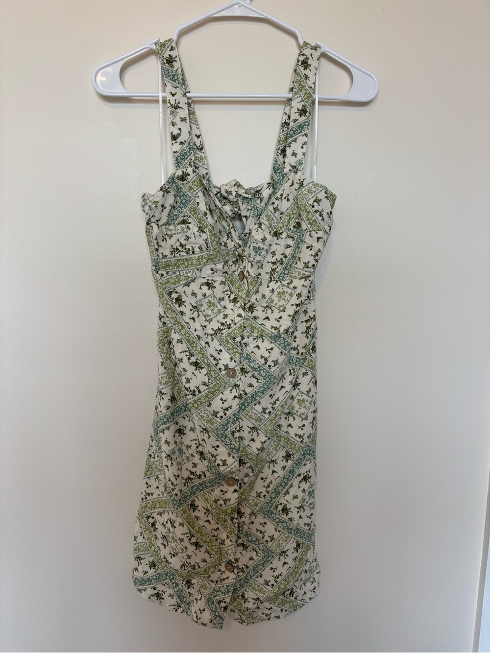 Promesa Cream and Green Floral Tie-Front Mini Dress